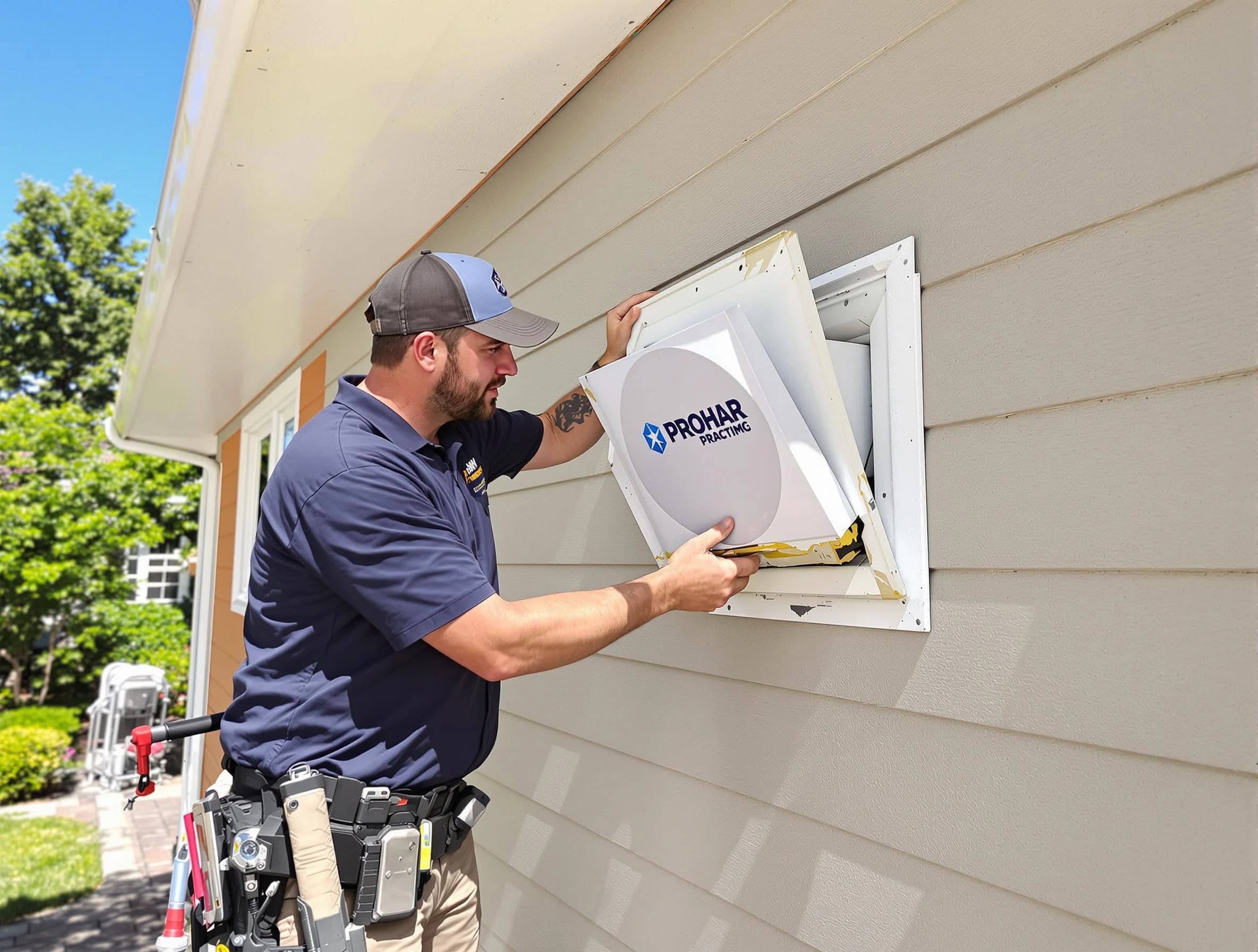 Thornton Dryer Vent Cleaning technician installing a new protective dryer vent cover on a home in Thornton