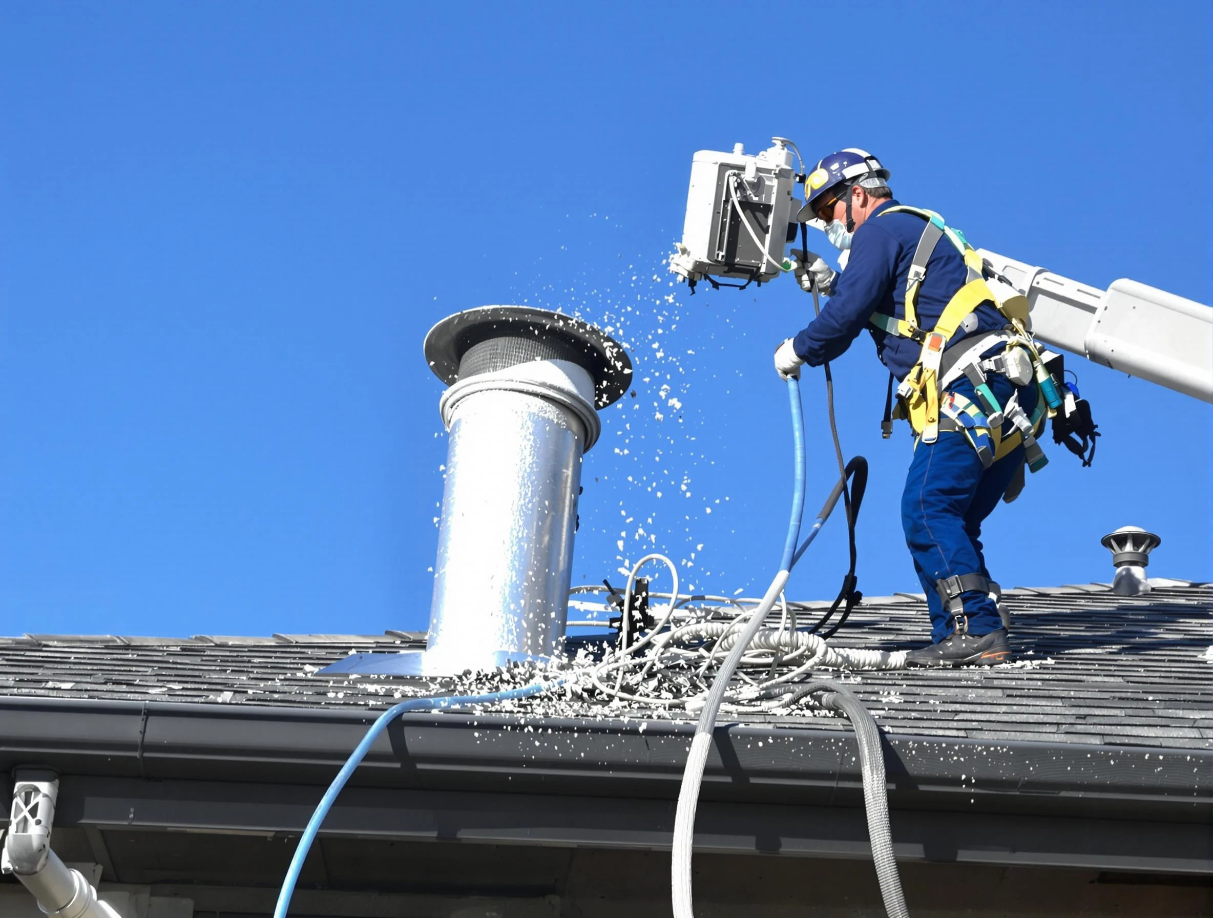 Thornton Dryer Vent Cleaning certified technician safely cleaning a roof-mounted dryer vent in Thornton